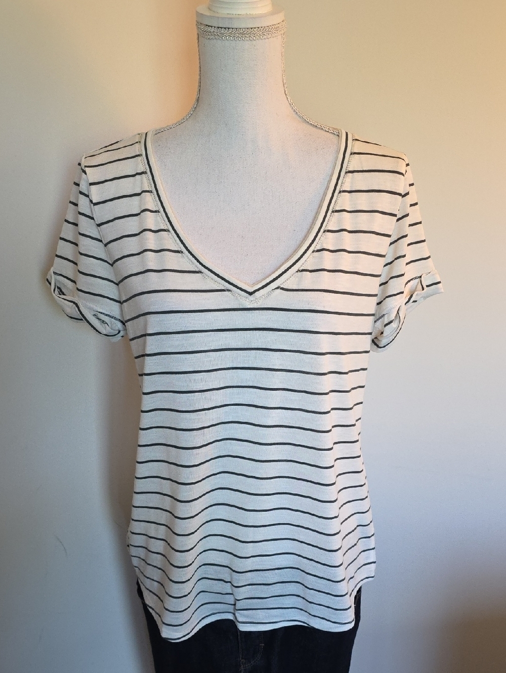 White House Black Market Cream and Green Striped V-Neck Short Sleeve Top